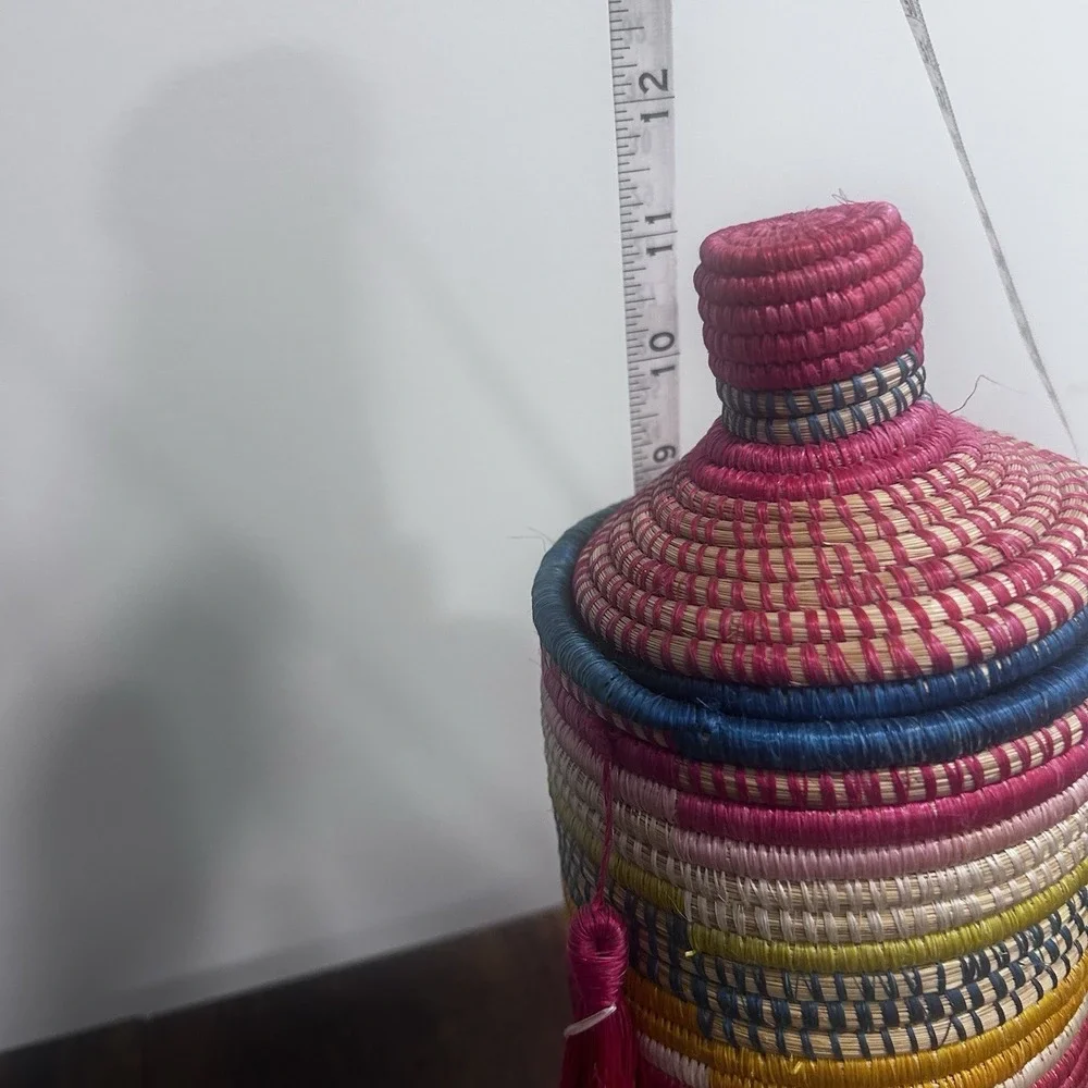 Artist Basket Tightly Woven Sweet grass Colorful Coil With Lid and Glass Insert